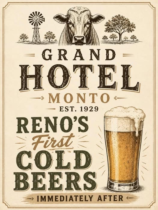 Reno's first cold beers - immediately after. Grand Hotel Monto campaign poster.